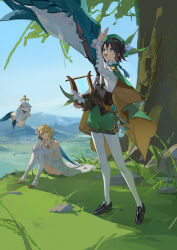 Rule 34 | 1boy, 2girls, absurdres, bard, bare shoulders, beret, blonde hair, blue sky, braid, cape, collared cape, detached sleeves, dress, feather hair ornament, feathers, flower, genshin impact, gradient hair, grass, green cape, green eyes, green headwear, green shorts, hair between eyes, hair flower, hair ornament, hat, hat flower, highres, hui wuya, lumine (genshin impact), lyre, mountainous horizon, multicolored hair, multiple girls, open mouth, outdoors, paimon (genshin impact), rock, scarf, scenery, short hair with long locks, shorts, side braids, sitting, sky, thighs, tree, twin braids, venti (genshin impact), white dress, white flower, white scarf, yellow eyes