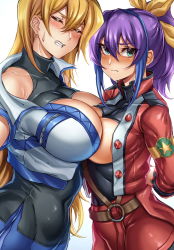 Rule 34 | 2girls, arms behind back, asymmetrical docking, blonde hair, blue hair, blush, breast press, breasts, cleavage cutout, clenched teeth, closed eyes, closed mouth, clothing cutout, collarbone, covered collarbone, covered navel, embarrassed, gradient background, green eyes, hair between eyes, highres, hikari (komitiookami), jacket, large breasts, long hair, looking at viewer, medium breasts, multicolored hair, multiple girls, ponytail, purple hair, resolution mismatch, serena (yu-gi-oh!), simple background, source larger, sweat, teeth, tenjouin asuka, two-tone hair, vest, white background, yu-gi-oh!, yu-gi-oh! arc-v, yu-gi-oh! gx