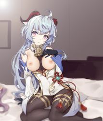 Rule 34 | ahoge, arm support, bare shoulders, bed, bell, between breasts, black gloves, black legwear, blue hair, breasts, breasts out, chinese knot, clothes between breasts, curled horns, detached sleeves, female focus, ganyu (genshin impact), genshin impact, gloves, gold trim, hand on own chest, highres, horns, indoors, long hair, looking at viewer, medium breasts, neck bell, nipples, purple eyes, sidelocks, sitting, solo, sweat, tassel, thighlet, thighs, very long hair, vision (genshin impact), white sleeves, ximubingo, yokozuwari
