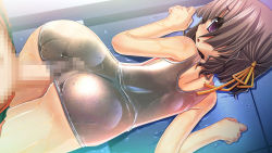 Rule 34 | 1boy, 1girl, ass, blush, brown hair, buttjob, buttjob under clothes, censored, huge ass, looking at viewer, looking back, lying, on stomach, one-piece swimsuit, open mouth, penis, penis under another&#039;s clothes, purple eyes, rubbing, sukumizu tabehoudai, swimsuit, twintails, wet