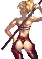 Rule 34 | 1girl, ass, back, blonde hair, braid, contrapposto, fate/grand order, fate (series), french braid, from behind, hand on own hip, highres, mordred (fate), mordred (fate/apocrypha), muscular, muscular female, rahato, shoulder blades, skindentation, solo, staff, standing, thighhighs, white background