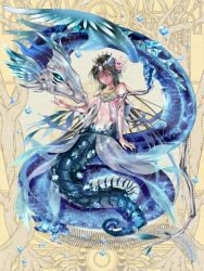 Rule 34 | 1boy, air bubble, animal, arm support, bare arms, bare shoulders, black hair, blue nails, bubble, closed mouth, coral, coral hair ornament, crown, dairoku ryouhei, expressionless, fish, flapper shirt, full body, hair between eyes, hand up, ihara (wi m0), long hair, looking at viewer, male focus, merman, midriff, monster, monster boy, nail polish, oversized animal, riolis violella, seahorse, see-through, see-through shirt, see-through skirt, shirt, sitting, sitting on animal, skirt, sleeveless, sleeveless shirt, snake, solo, usekh collar, white shirt, white skirt, yellow background, yellow eyes
