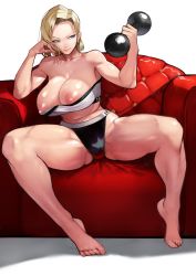 Rule 34 | 1girl, absurdres, android 18, black panties, blonde hair, blue eyes, breasts, cleavage, dragon ball, dragonball z, dumbbell, earrings, exercising, gold earrings, highres, jewelry, large breasts, leather, leather chair, nipples, panties, red leather, short hair, sitting, solo, spread legs, strapless, thighs, toes, toned, tube top, underwear, wardrobe malfunction, weightlifting, white background, yoshio (55level)