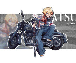 1girl absurdres arm_tattoo artist_name belt_buckle belt_collar blonde_hair blue_eyes blue_pants bracelet buckle chest_sarashi chinese_commentary collar commentary_request crop_top e0xia highres jewelry leaning_against_motorcycle looking_at_viewer motor_vehicle motorcycle navel open_mouth original pants red_hair red_tank_top sarashi shoes sneakers solo spiked_bracelet spikes tank_top tattoo teeth upper_teeth_only wrist_tattoo zoom_layer