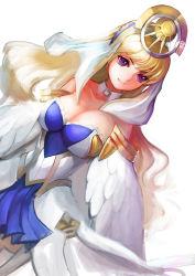 Rule 34 | 1girl, ar tonelico, ar tonelico ii, bad id, bad pixiv id, blonde hair, breasts, chroche latel pastalie, closed mouth, collarbone, detached collar, dress, gold, headdress, kokouno oyazi, large breasts, long hair, looking away, luca truelywaath, pleated skirt, purple eyes, simple background, skirt, solo, white background