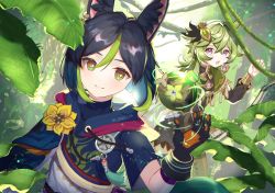 Rule 34 | 1boy, 1girl, animal ear fluff, animal ears, black gloves, collei (genshin impact), commentary request, fantasy, fox boy, fox ears, genshin impact, gloves, gradient hair, green eyes, green hair, hair between eyes, highres, ina (t play1125), jungle, leaf, looking at viewer, multicolored hair, nature, plant, purple eyes, short hair, streaked hair, tighnari (genshin impact), vines
