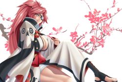 Rule 34 | 1girl, amputee, baiken, breasts, cherry blossoms, choko (cup), cleavage, cloud, commentary request, cup, eyepatch, from side, guilty gear, guilty gear xrd, highres, japanese clothes, kimono, large breasts, long hair, long sleeves, looking at viewer, looking to the side, obi, one-eyed, parted lips, pink hair, ponytail, sash, scar, scar across eye, scar on face, sitting, smile, solo, tama (tamakaka1031), very long hair, wide sleeves, yellow eyes