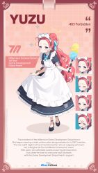 Rule 34 | 1girl, absurdres, apron, black dress, blue archive, blue bow, blue bowtie, bow, bowtie, dress, duster, english text, expressions, frills, hair bow, halo, highres, holding, holding duster, long hair, maid, maid apron, maid headdress, number print, official alternate costume, official alternate hairstyle, official art, ponytail, puffy short sleeves, puffy sleeves, red hair, short sleeves, white apron, yellow halo, yuzu (blue archive), yuzu (maid) (blue archive)