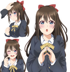 Rule 34 | 1girl, ;), absurdres, aqua eyes, artist name, artist request, black cardigan, black jacket, blue eyes, blush, bow, breasts, brown hair, buttons, cardigan, collared shirt, dual persona, fingers together, hair between eyes, hair bow, hand on another&#039;s head, highres, index finger raised, jacket, long hair, long sleeves, looking at viewer, love live!, love live! nijigasaki high school idol club, medium breasts, nijigasaki academy school uniform, one eye closed, osaka shizuku, parted lips, ponytail, red bow, ribbon, school uniform, shirt, smile, upper body, white background, white shirt, wink, yellow buttons, yellow neckwear, yellow ribbon