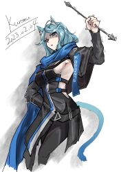 Rule 34 | 1girl, absurdres, ahoge, animal ears, arknights, arrow (projectile), artist name, black dress, black pants, blue eyes, blue hair, breasts, cat ears, cat tail, commentary request, dated, dress, hand up, highres, holding, holding arrow, kuromu, large breasts, leggings, long sleeves, monique (arknights), pants, shaded face, sideboob, signature, simple background, solo, standing, tail, white background