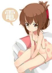 Rule 34 | 10s, 1girl, bad id, bad pixiv id, bed, bikini, brown eyes, brown hair, folded ponytail, inazuma (kancolle), kantai collection, long hair, looking at viewer, open mouth, oversized clothes, partially undressed, sitting, smile, solo, string bikini, swimsuit, tamakorogashi, untied, v, white background