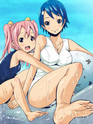 Rule 34 | 2girls, ball, barefoot, beachball, blue hair, blush, breasts, cleavage, feet, hug, large breasts, multiple girls, one-piece swimsuit, open mouth, pink hair, school swimsuit, short hair, sitting, small breasts, swimsuit, twintails, wet