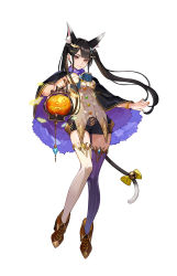 Rule 34 | 1girl, animal ears, black hair, breasts, cape, cat ears, cat tail, full body, hair ornament, highres, lantern, long hair, looking at viewer, official art, original, purple thighhighs, shorts, simple background, solo, tail, thighhighs, twintails, valkyrie anatomia, valkyrie profile (series), white background, white thighhighs, yuu (higashi no penguin)