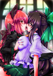 Rule 34 | 2girls, animal ears, bad id, bad pixiv id, black hair, black wings, blush, bow, braid, grabbing another&#039;s breast, breasts, brown eyes, brown hair, cat ears, cat girl, couple, eye contact, female focus, french kiss, from side, grabbing, hair bow, impossible clothes, impossible shirt, kaenbyou rin, kemoyuri, kiss, large breasts, lilyl0ve, long hair, looking at another, multiple girls, profile, red eyes, red hair, reiuji utsuho, saliva, saliva trail, shirt, tongue, touhou, twin braids, very long hair, wings, yuri