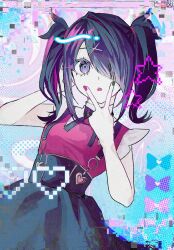 Rule 34 | 1girl, ame-chan (needy girl overdose), arm behind head, black hair, black nails, black ribbon, black skirt, blue bow, bow, collared shirt, commentary, cowboy shot, glitch, hair ornament, hair over one eye, hands up, heart, highres, long hair, looking at viewer, nail polish, neck ribbon, needy girl overdose, open mouth, pink bow, purple bow, red nails, red shirt, ribbon, saki (sa saki414), shirt, skirt, solo, standing, star (symbol), suspender skirt, suspenders, symbol-only commentary, twintails, v over mouth, window (computing), x hair ornament