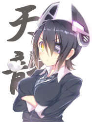 Rule 34 | 10s, 1girl, :&lt;, black hair, breast hold, breasts, character name, crossed arms, eyepatch, headgear, highres, kantai collection, kurono nekomaru, large breasts, looking at viewer, necktie, personification, short hair, solo, tenryuu (kancolle), yellow eyes