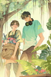 Rule 34 | 2boys, brown hair, closed mouth, face-to-face, flower, green eyes, green shirt, hand in pocket, headphones, headphones around neck, highres, holding, leaf, looking at another, male focus, multiple boys, open mouth, original, railing, red flower, shirt, short hair, smile, tree, tumeii