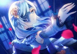 Rule 34 | 1girl, aryuma772, blue eyes, character request, detached sleeves, dutch angle, floating hair, flower, grey sleeves, hair flower, hair ornament, highres, long hair, long sleeves, mask, outstretched arm, parted lips, project sekai, silver hair, solo, toraware no marionette (project sekai), upper body, yellow flower
