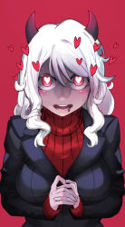Rule 34 | 1girl, absurdres, alvin (vier), black horns, black suit, blush, breasts, demon girl, demon horns, formal, heart, heart-shaped pupils, helltaker, highres, horns, long hair, long sleeves, looking at viewer, modeus (helltaker), own hands clasped, own hands together, red background, red eyes, red sweater, ribbed sweater, shirt, simple background, solo, suit, sweater, symbol-shaped pupils, tail, turtleneck, turtleneck sweater, upper body, white hair