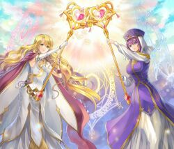 Rule 34 | 2girls, akuru (akr369akr), blonde hair, blue eyes, breasts, cape, commentary request, commission, detached sleeves, dress, eremiya (fire emblem), fire emblem, fire emblem: new mystery of the emblem, fire emblem: the binding blade, fire emblem: the blazing blade, fire emblem heroes, gold trim, green eyes, hat, heart, holding, holding staff, long hair, magic, multiple girls, nintendo, purple cape, purple dress, purple hair, purple hat, saint elimine (fire emblem), skeb commission, staff, two-tone cape, wavy hair, white cape, white dress, white sleeves