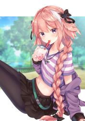Rule 34 | 1boy, astolfo (fate), astolfo (memories at trifas) (fate), black bow, black pantyhose, black skirt, blush, bow, braid, collarbone, cup, day, drinking straw, fang, fate (series), gomano rio, hair bow, hair intakes, hair ribbon, highres, holding, holding cup, jacket, jewelry, long hair, long sleeves, looking at viewer, male focus, midriff, multicolored hair, navel, necklace, off shoulder, official alternate costume, open mouth, outdoors, pantyhose, pink hair, purple eyes, purple jacket, purple shirt, ribbon, shirt, single braid, skirt, smile, solo, streaked hair, trap