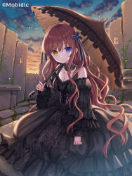 Rule 34 | 1girl, bare shoulders, black dress, blue eyes, blush, breasts, brown hair, brown umbrella, cleavage, closed mouth, cloud, cloudy sky, dress, frilled dress, frilled umbrella, frills, gothic lolita, hair between eyes, heterochromia, holding, holding umbrella, juliet sleeves, lolita fashion, long sleeves, looking at viewer, off-shoulder dress, off shoulder, original, outdoors, puffy sleeves, sky, sleeves past wrists, small breasts, smile, solo, sunset, umbrella, wide sleeves, yellow eyes, yuuki rika