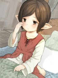 Rule 34 | 1girl, alternate hair length, alternate hairstyle, arulumaya, barefoot, bed, bed sheet, blanket, blush, brown eyes, brown hair, collarbone, commentary request, crying, crying with eyes open, door, dutch angle, female focus, granblue fantasy, harvin, long sleeves, mole, mole under eye, on bed, parted lips, pillow, pointy ears, short hair, sitting, solo, swept bangs, tears, walkalone