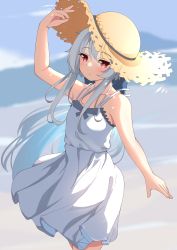 Rule 34 | 1girl, absurdres, arm up, bare arms, bare shoulders, blush, brown hat, closed mouth, collarbone, commentary, copyright request, dress, grey hair, hair between eyes, hat, highres, long hair, looking at viewer, moyoron, red eyes, sleeveless, sleeveless dress, solo, straw hat, symbol-only commentary, very long hair, white dress