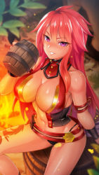 Rule 34 | 1girl, abs, bare shoulders, black panties, braid, breasts, cleavage, hair flaps, highres, large breasts, long hair, looking at viewer, midriff, navel, official art, outdoors, panties, parted lips, pelvic curtain, pink eyes, queen&#039;s blade, queen&#039;s blade unlimited, red hair, revealing clothes, risty (queen&#039;s blade), side braid, sitting, smile, solo, stomach, tattoo, thigh gap, thighs, underwear, weapon
