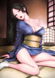 Rule 34 | 1girl, arm support, bad id, bad pixiv id, black eyes, black hair, breasts, cleavage, delta zone, japanese clothes, kimono, legs, long hair, medium breasts, obi, off shoulder, open mouth, original, sash, socks, solo, sweat, white socks