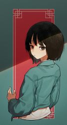 Rule 34 | 1girl, absurdres, black eyes, black hair, bob cut, commentary request, cropped jacket, cropped torso, expressionless, highres, korean commentary, long sleeves, looking at viewer, looking back, medium hair, original, shirt, solo, stoll (tmxhf), upper body, white shirt