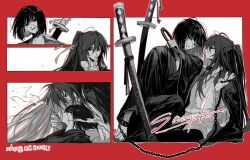 Rule 34 | 1boy, 1girl, chain, cigarette, cloud tattoo, collared shirt, g7cdpdto2i6hot6, greyscale with colored background, hair ribbon, half updo, haori, holding, holding chain, holding cigarette, holding whip, hong lu (project moon), jacket, japanese clothes, katana, kimono, limbus company, long hair, long sleeves, multiple views, ootachi, open clothes, open jacket, project moon, ribbon, ryoshu (project moon), shirt, short hair, smoking, sword, very long hair, weapon, wide sleeves