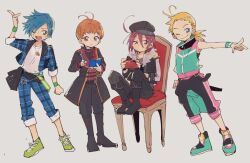 Rule 34 | 4boys, ahoge, akatsuki (ojamajo doremi), antenna hair, black footwear, black jacket, black pants, blonde hair, blue eyes, blue hair, blue jacket, blue pants, boots, cabbie hat, commentary request, cosplay, cosplay request, ensemble stars!, fujio (ojamajo doremi), full body, fur collar, green eyes, green footwear, hair between eyes, hat, jacket, jewelry, knee boots, knees up, leon (ojamajo doremi), long hair, long sleeves, low ponytail, male focus, mitobinyo, multiple boys, necklace, ojamajo doremi, on chair, one eye closed, open clothes, open jacket, open mouth, orange hair, pants, pants rolled up, purple eyes, purple hair, shirt, shoes, short hair, sitting, sleeveless, sleeveless jacket, sleeves rolled up, smile, sneakers, standing, throne, tooru (ojamajo doremi), white shirt, wristband