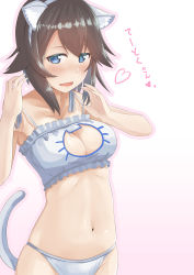 Rule 34 | 10s, 1girl, absurdres, alternate costume, animal ears, bad id, bad pixiv id, bare shoulders, bell, neck bell, blue eyes, blush, bra, breasts, brown hair, cat cutout, cat ear panties, cat ears, cat lingerie, cat tail, choker, cleavage, cleavage cutout, clothing cutout, collarbone, fake animal ears, haru to neru (act partner), hayasui (kancolle), heart, heart-shaped pupils, highres, jingle bell, kantai collection, looking at viewer, meme attire, navel, open mouth, panties, short hair, simple background, solo, stomach, symbol-shaped pupils, tail, underwear, underwear only, white bra, white panties