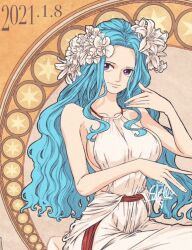 Rule 34 | 1girl, bare shoulders, belt, blue hair, breasts, commentary, dated, dress, flower, light smile, long hair, looking to the side, nefertari vivi, one piece, purple eyes, sherumaru (korcht06), sidelocks, sitting, smile, solo, symbol-only commentary, upper body, white dress