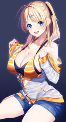 Rule 34 | 1girl, bare shoulders, bikini, blonde hair, blue eyes, breasts, cleavage, collarbone, front-tie top, hachimiya meguru, hair ornament, hairclip, hands up, highres, hood, hoodie, idolmaster, idolmaster shiny colors, large breasts, layered bikini, long hair, long sleeves, looking at viewer, nebusoku, open clothes, open hoodie, open mouth, partially unzipped, ponytail, short shorts, shorts, sidelocks, simple background, sitting, smile, striped clothes, striped hoodie, swept bangs, swimsuit, undressing, wariza
