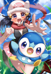 Rule 34 | 1girl, beret, black hair, black shirt, blue eyes, blue sky, blush, cloud, creatures (company), dawn (pokemon), game freak, gen 4 pokemon, hat, highres, looking at viewer, nintendo, open mouth, outstretched hand, pink skirt, piplup, pokemon, pokemon (creature), pokemon dppt, red scarf, scarf, shirt, skirt, sky, sleeveless, sleeveless shirt, sobacha, teeth, upper teeth only, white headwear
