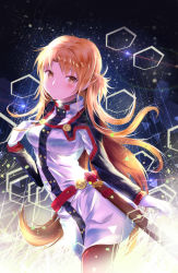 Rule 34 | 10s, 1girl, asuna (sao), belt, blush, braid, breasts, closed mouth, cowboy shot, dress, fhilippedu, french braid, gloves, hand on own chest, highres, leaning forward, light, light particles, light rays, long hair, long sleeves, looking at viewer, medium breasts, orange eyes, orange hair, pantyhose, red pantyhose, sheath, sheathed, smile, solo, standing, sword art online, sword art online the movie: ordinal scale, tareme, triangle, very long hair, white dress, white gloves