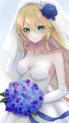 Rule 34 | 1girl, blazblue, blonde hair, blue flower, blush, bouquet, breasts, bridal veil, cleavage, dress, flower, gloves, green eyes, hair flower, hair ornament, highres, holding, holding bouquet, jewelry, long hair, necklace, noel vermillion, simple background, small breasts, smile, solo, uni (maru231), upper body, veil, wedding dress, white background, white dress, white gloves