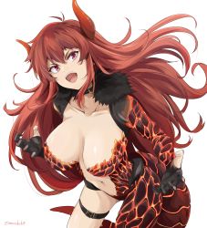 Rule 34 | 1girl, black collar, black gloves, breasts, collar, collarbone, contrapposto, dola (nijisanji), dragon girl, dragon horns, dragon tail, fur collar, gloves, hair between eyes, highres, horns, kichihachi, large breasts, long hair, looking at viewer, nijisanji, open mouth, partially fingerless gloves, red eyes, red hair, revealing clothes, screaming, simple background, solo, standing, tail, very long hair, virtual youtuber, white background
