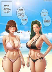 Rule 34 | 2girls, absurdres, arm at side, arm behind back, beach, bikini, black bikini, blue sky, blush, breasts, brown eyes, brown hair, cleavage, cloud, cowboy shot, day, earrings, english text, green hair, hand on own hip, heart, highres, jewelry, large breasts, legs together, long hair, looking at viewer, mixed-language commentary, motion lines, multiple girls, navel, nose blush, original, outdoors, parted lips, roborobocap, short hair, side-tie bikini bottom, sky, speech bubble, standing, stomach, swimsuit, white bikini