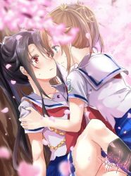 Rule 34 | 10s, 2girls, black hair, blue eyes, blush, brown hair, cherry blossoms, face-to-face, gleision adain, hand on another&#039;s shoulder, high school fleet, looking at another, misaki akeno, multiple girls, munetani mashiro, ponytail, red eyes, school uniform, thighs, twintails, yuri