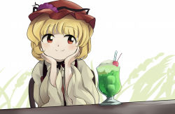 Rule 34 | 1girl, aki minoriko, blonde hair, blush, chair, cherry, drink, eyebrows, food, fruit, fruit hat ornament, grapes, hat, red eyes, red hat, rice, smile, solo, street dog, table, touhou, wheat
