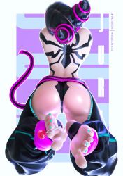 1girl absurdres ass barefoot between_toes black_hair candy feet food from_above hair_horns han_juri highres lollipop long_hair lying mikadawn3d on_stomach soles stirrup_legwear street_fighter toeless_legwear toes