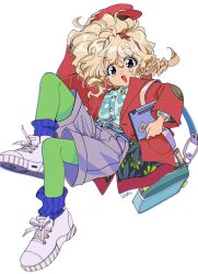 Rule 34 | 1girl, bag, belt, blonde hair, blue shirt, braid, buttons, cargo shorts, carrying, carrying under arm, chromatic aberration, collared shirt, computer, floating, floral print, full body, green leggings, grey eyes, hairband, hat, highres, holding, holding clothes, holding hat, holding laptop, jacket, laptop, layered clothes, layered sleeves, leg up, leg warmers, leggings, messy hair, open clothes, open jacket, open mouth, original, raised eyebrows, red headwear, red jacket, retro artstyle, shirt, shoes, shorts, shoulder bag, signature, simple background, smile, sneakers, solo, unmoving pattern, white background, white footwear, wing collar, yo-co