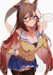 Rule 34 | 1girl, :i, absurdres, animal ears, black thighhighs, blue eyes, blue scrunchie, blue skirt, breasts, brown hair, cape, cleavage, collarbone, domino mask, ear scrunchie, el condor pasa (umamusume), eye mask, hand on own hip, highres, horse ears, horse girl, large breasts, long hair, looking at viewer, luchador, mask, pink cape, ponytail, red cape, red mask, sansai soba, scrunchie, shirt, skirt, solo, thighhighs, umamusume, yellow shirt, zettai ryouiki