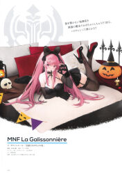 Rule 34 | 1girl, absurdres, animal ears, animal hands, azur lane, bare shoulders, black choker, black dress, black footwear, black garter straps, breasts, candy, cat ears, character name, choker, cleavage, detached sleeves, dress, fake animal ears, fingerless gloves, food, full body, garter straps, gloves, hat, high heels, highres, jack-o&#039;-lantern, la galissonniere (azur lane), lace, lace-trimmed legwear, lace trim, large breasts, long hair, looking at viewer, lying, mouth hold, official art, on side, page number, paw gloves, pillow, pink eyes, pink hair, pumpkin, scan, simple background, skull, solo, suisai (suisao), thighhighs, twintails, witch hat, zettai ryouiki