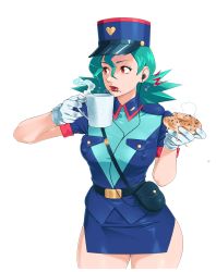 Rule 34 | 1girl, absurdres, bag, belt, belt buckle, black bag, black belt, blue hat, blue shirt, blue skirt, buckle, commentary, covered erect nipples, creatures (company), cup, doughnut, earphones, eyelashes, food, game freak, gloves, green hair, hair between eyes, hands up, hat, highres, holding, holding cup, holding food, jenny (pokemon), lipstick, long hair, makeup, mug, nintendo, pokemon, pokemon (anime), pokemon (classic anime), red lips, sexynomicon, shirt, short sleeves, simple background, skirt, solo, steam, white background