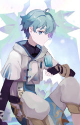 Rule 34 | 1boy, absurdres, black gloves, black shirt, blue background, blue eyes, blue hair, child, chongyun (genshin impact), closed mouth, commentary, cropped jacket, feet out of frame, fingerless gloves, food, genshin impact, gloves, highres, holding, holding food, jacket, layered sleeves, long sleeves, male focus, pants, popsicle, profile, rippajun, shirt, short hair, short over long sleeves, short sleeves, sitting, white background, white jacket, white pants