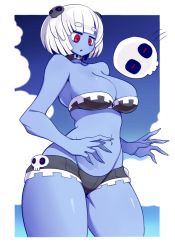 Rule 34 | 1girl, :o, bare shoulders, bikini, bikini top only, black choker, black shorts, blue skin, blue sky, bob cut, breasts, choker, cleavage, cloud, collarbone, colored skin, day, groin, hair ornament, kara age, large breasts, micro shorts, navel, no nose, open mouth, original, outdoors, red eyes, short hair, shorts, skull choker, skull hair ornament, sky, solo, strapless, swimsuit, thick eyebrows, thighs, white hair